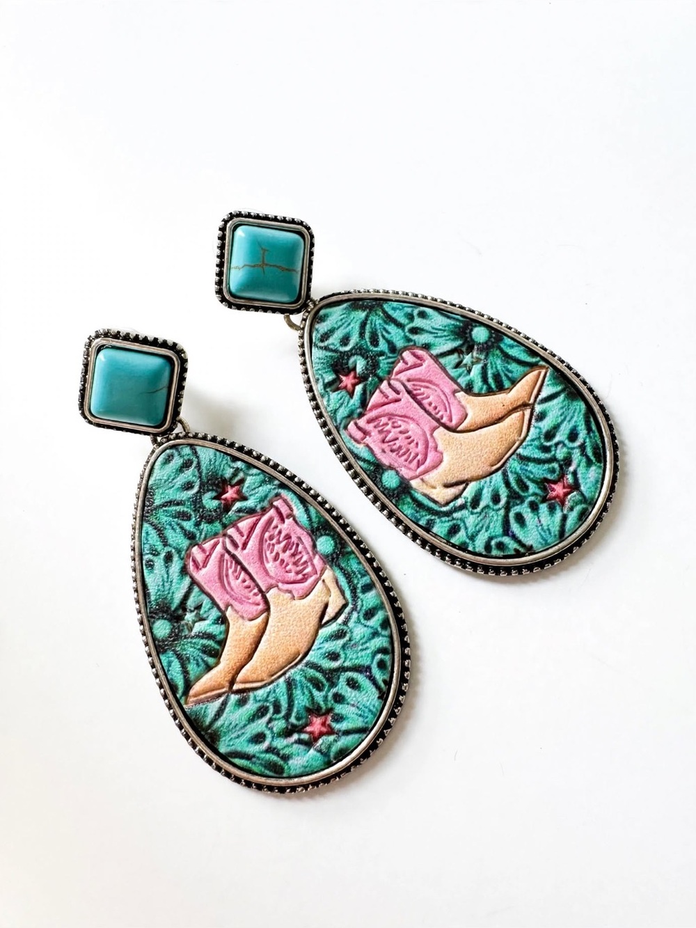 Western-Inspired Cowgirl Boot Embossed Leather Earrings with Howlite Gemstones